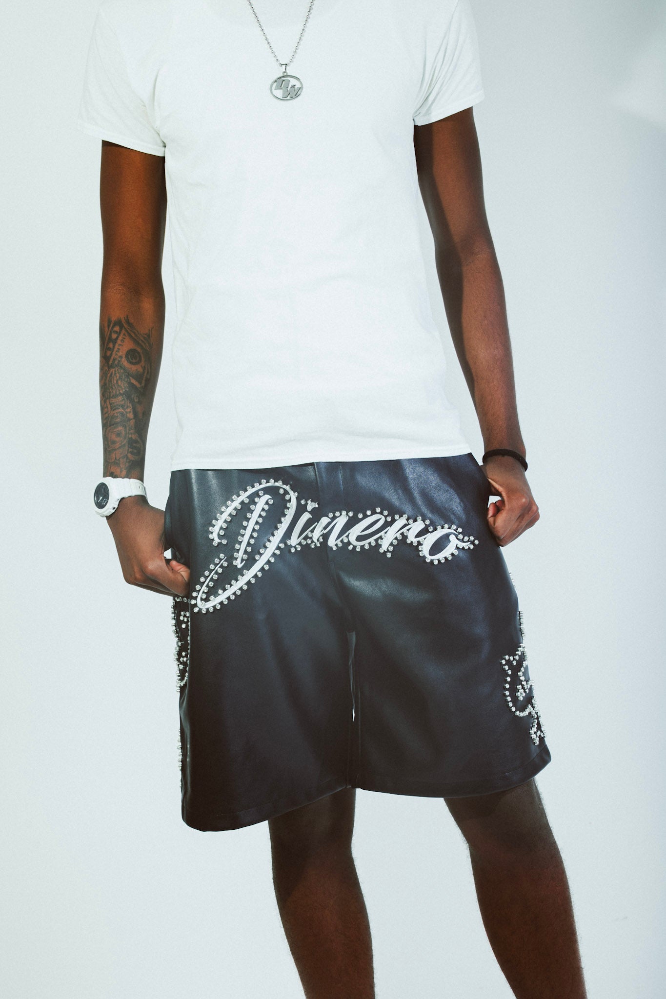 "Dinero rhinestone leather jorts"